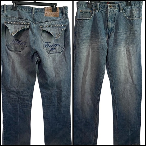 Vintage Y2K Phat Farm Blue Relaxed Jeans with Distressing Logo Pocket 36/34 - Picture 1 of 16